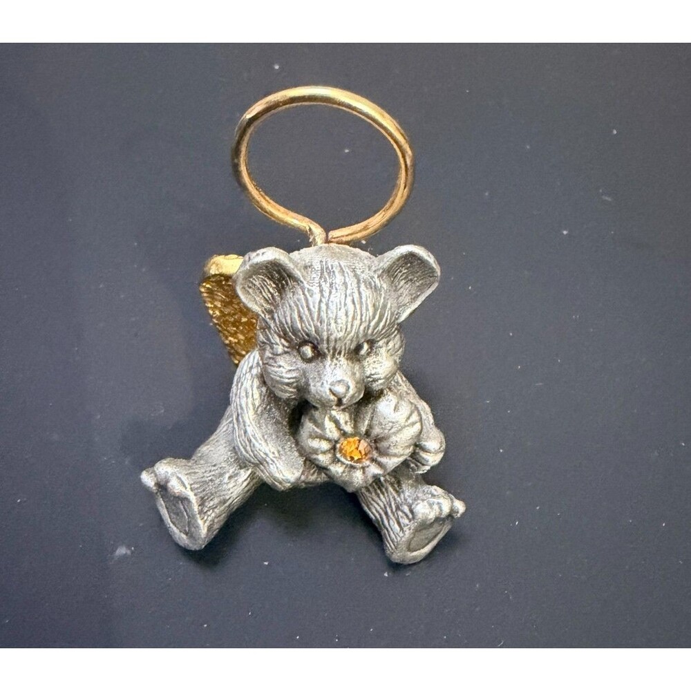 Silver Tone Teddy Bear Angel Figurine Heart Yellow Stone Gold Wings 3.75"